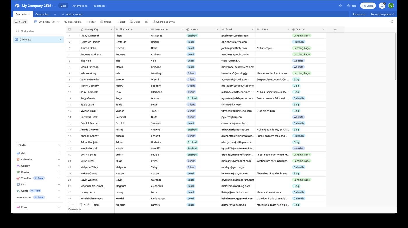 Airtable contacts database with status, email, notes, and source columns for tracking leads and clients