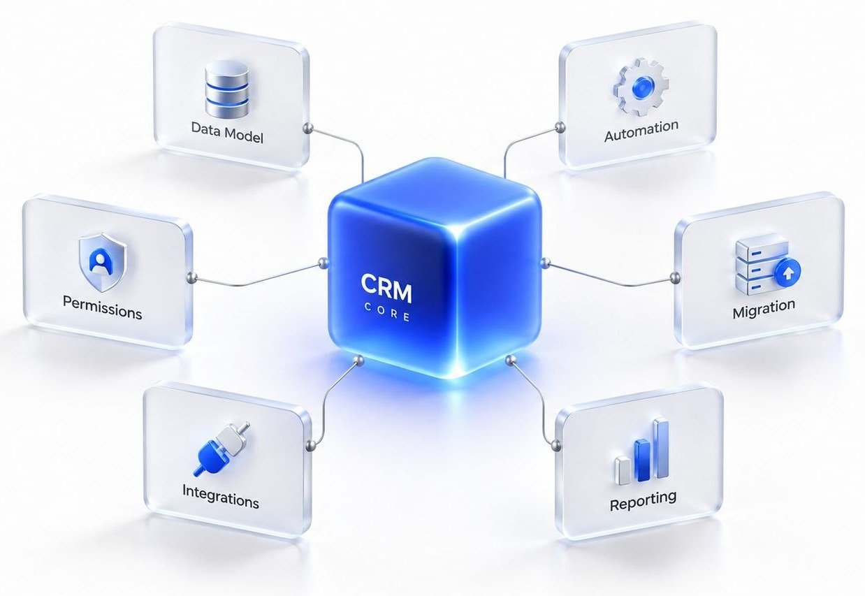 Diagram of core CRM components — data model, permissions, integrations, automation, migration, and reporting — connected around a central system