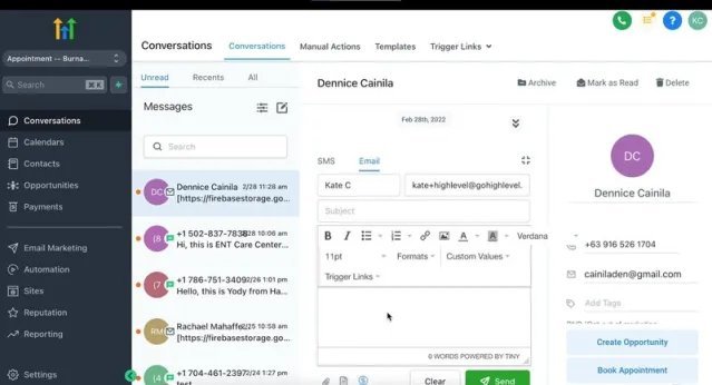 GoHighLevel conversations inbox showing SMS and email messages with a contact, trigger links, and quick actions