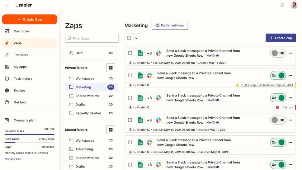 Zapier dashboard showing a folder of Zaps that send Slack messages from new Google Sheets rows, with run status and history
